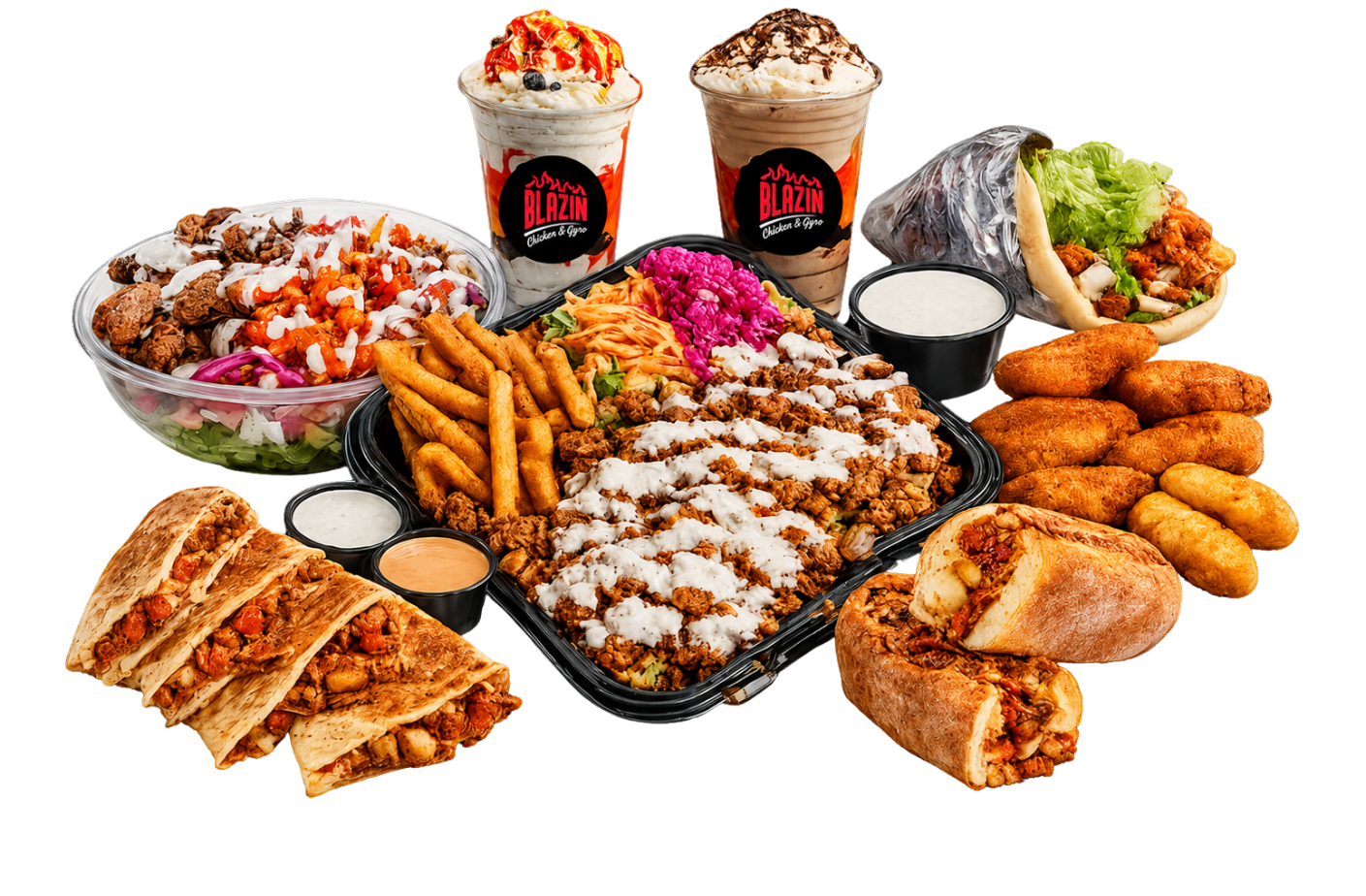 Blazin Chicken and Gyro spread — platter, gyro, quesadilla, tenders, wraps, salad bowl and shakes